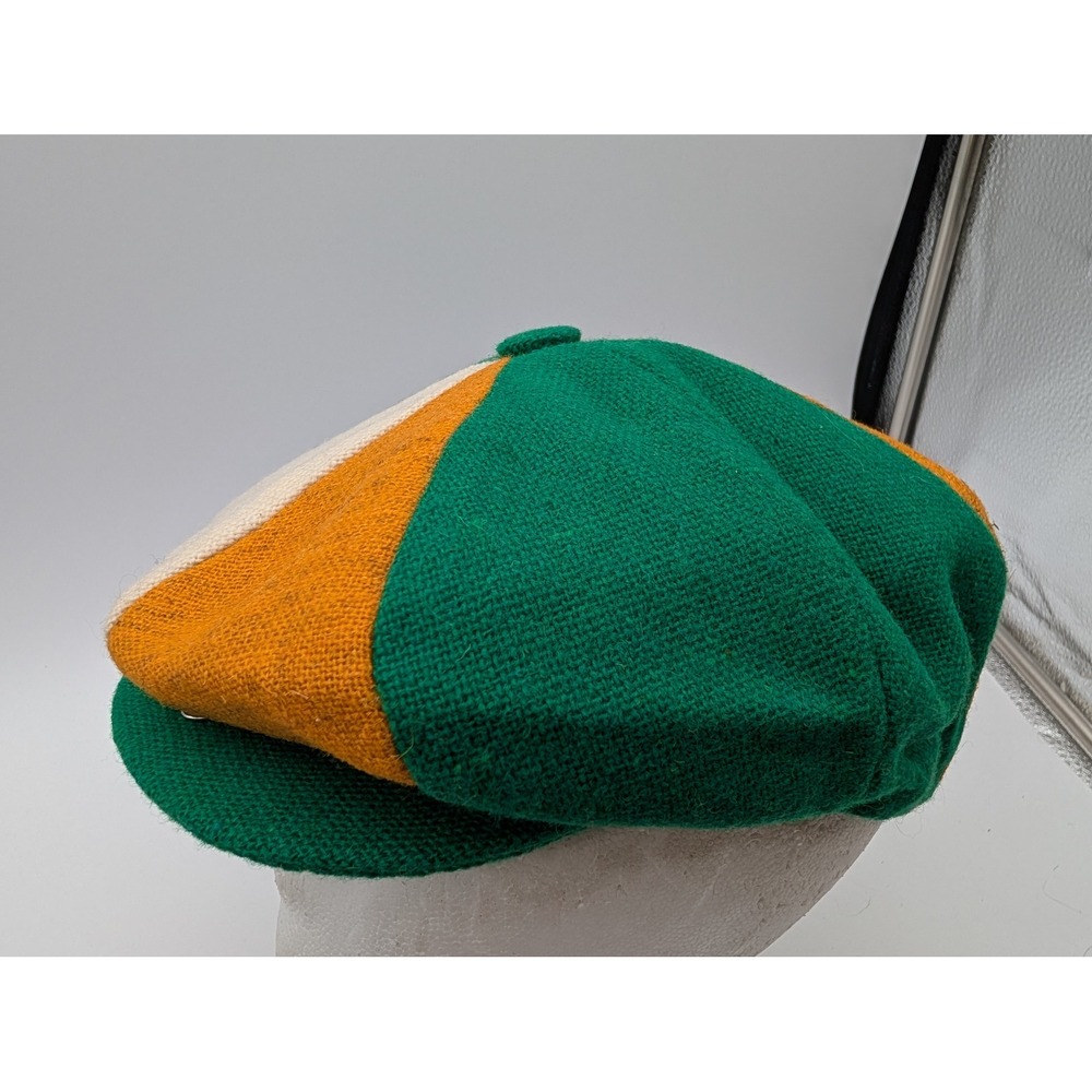Shandon Donegal Tweed Flat Cap Ireland Green Orange Cream Wool Size 7 3/8 Large